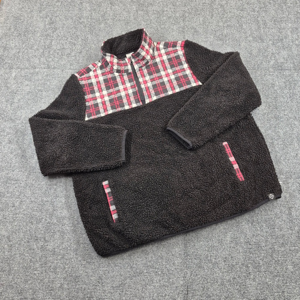 Vera Bradley Sherpa Fleece Pullover Plaid Quilted Yoke 1/4 Zip Black Red XL